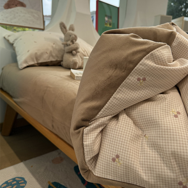 秋冬保暖加厚少女心咖色格子少女心棉加绒小樱桃四件套1.5m1.8米