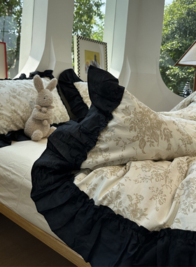 法式风复古黑色花边床上四件套全棉纯棉1.5m1.8米被套床单少女心