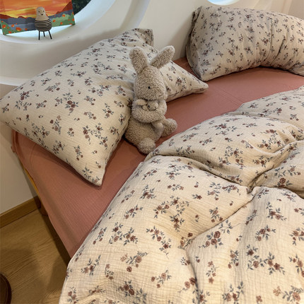 A类母婴田园碎花皱皱双层纱超柔软纯棉四件套1.5m1.8全棉床单被套
