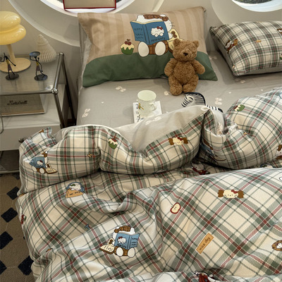 ins韩系复古绿格小猫床上四件套