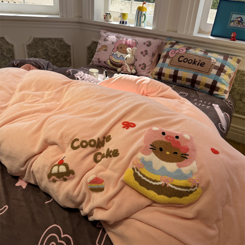 毛巾绣可爱蛋糕头套猫床上四件套