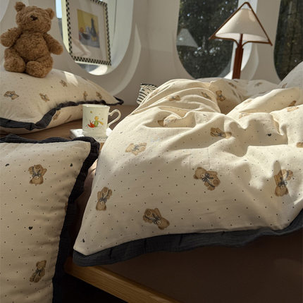 A类法式波点皱皱花边双层纱卡通泰迪熊四件套1.5m1.8米全棉纯棉