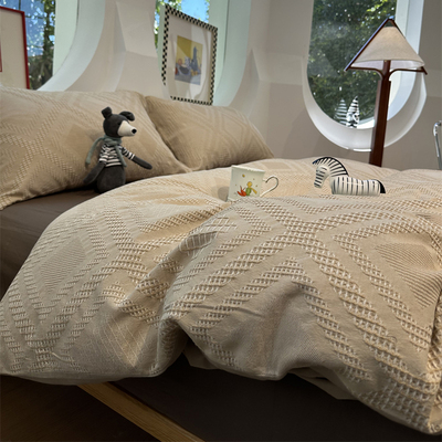 卡其色菱格色织水洗棉提花四件套