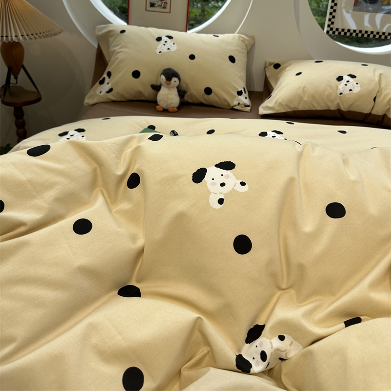 时尚波点小白狗磨毛床上四件套