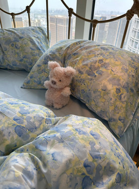 ins蓝色水彩油画风小碎花床上四件套全棉纯棉田园1.5m1.8被套床单