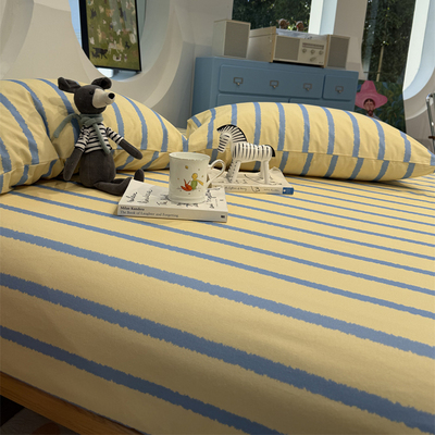 简约黄蓝条纹磨毛床笠床单单件