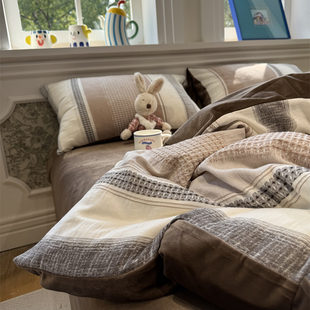 ins美拉德色秋冬季 保暖加厚华夫格加绒咖色棉加绒四件套1.5m1.8米