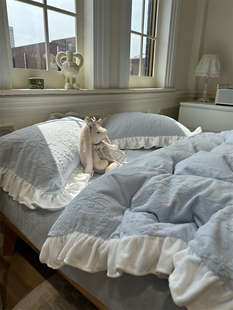 ins舒适加厚花边款 牛奶雕花绒宝宝蓝四件套1.5m1.8保暖秋冬法兰绒