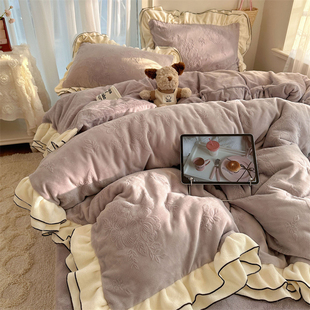 ins冬季 花边牛奶绒少女心幸运碎花紫床上四件套珊瑚绒1.5m1.8米