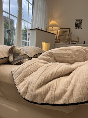 ins条纹獭兔绒珊瑚绒双面四件套