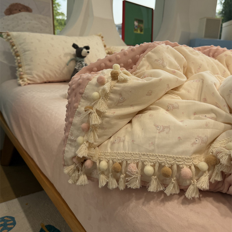 双层纱豆豆绒简约粉色小兔四件套