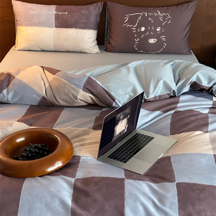 美式 少女心50s方格西高地磨毛四件套全棉纯棉1.5m1.8米被套床单冬