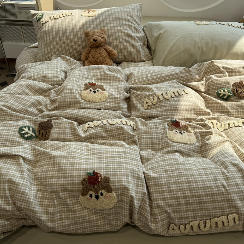 茶色格子萌鼠水洗棉毛巾绣四件套