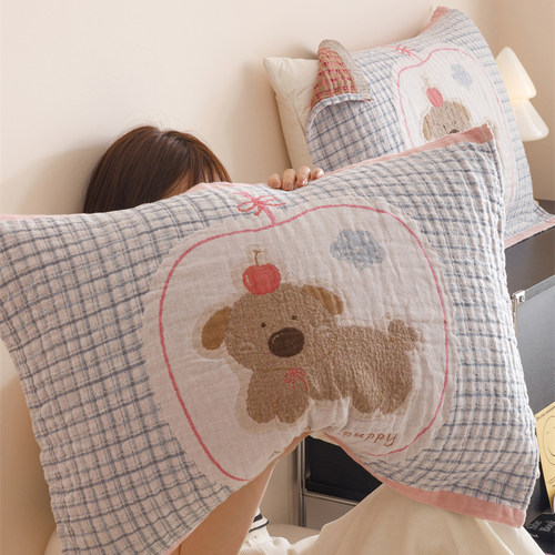 卡通萌宠少女心纯棉纱布枕巾一对