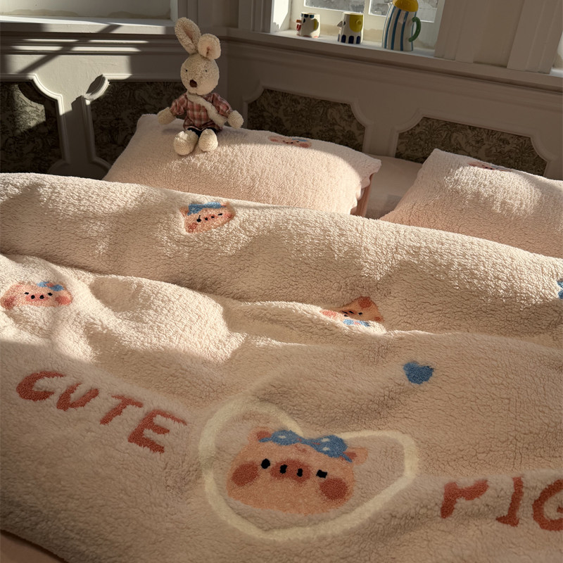 ins少女心羊羔绒刺绣可爱粉粉猪四件套牛奶绒加厚保暖冬1.5m1.8米