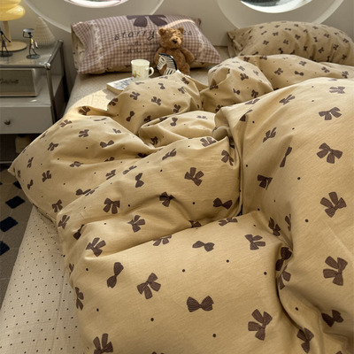 ins韩系蝴蝶结波点咖床上四件套