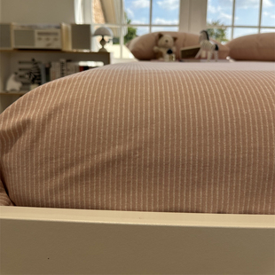 北欧纯棉秋冬细条纹粉磨毛床笠床单单件1.5m1.8米全棉床垫保护套