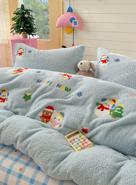 ins秋冬季加厚泰迪绒刺绣卡通雪人王国蓝色床上四件套珊瑚绒1.8米