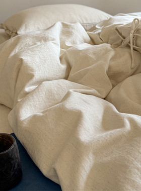 日式简约亚麻白色床上民宿四件套全棉纯棉1.5m米被套床单三件套