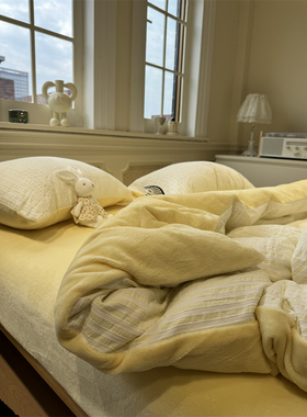 元气黄A色织水洗棉提花加厚B牛奶绒条纹四件套1.5m1.8冬季保暖