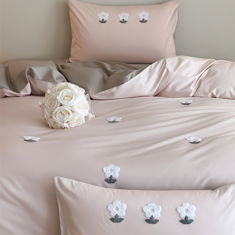 100s毛巾绣简约棉花奶芙灰四件套