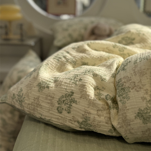 ins田园少女心皱皱纱清新绿色小碎花床上四件套全棉纯棉1.5m1.8米