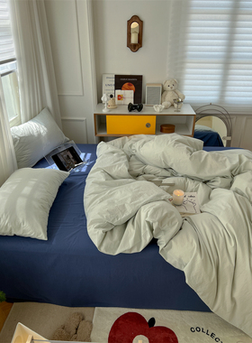 ins水绿色水洗棉纯色床上四件套全棉纯棉文艺1.5m被套床单三件套