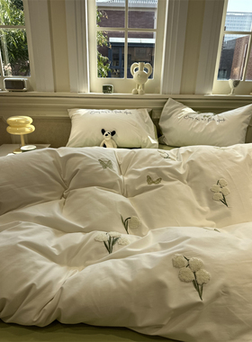 100s高支保暖全棉磨毛刺绣花花蝴蝶四件套1.5m1.8米纯棉被套加厚