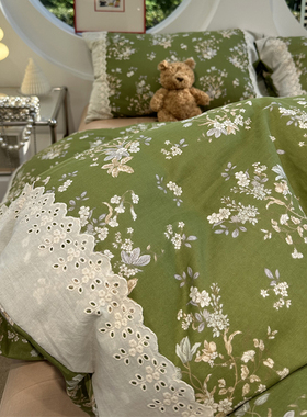 A类母婴级文艺少女心双层纱花边绿色小碎花纯棉四件套1.5m1.8全棉