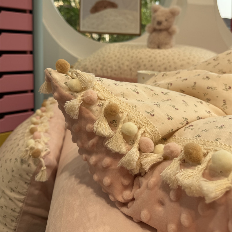 双层纱豆豆绒简约粉色樱花四件套