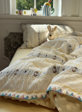 ins秋冬季色织提花加豆豆绒黄色碎花小狗四件套1.5m1.8米加厚保暖