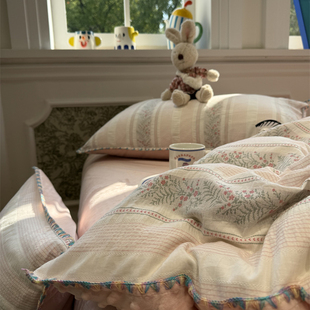 ins秋冬色织提花加豆豆绒少女粉花小碎花四件套1.5m1.8米加厚保暖