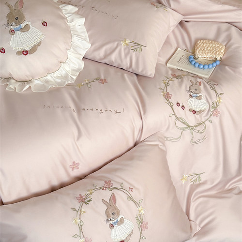 100s高支长绒棉刺绣小兔粉色套件