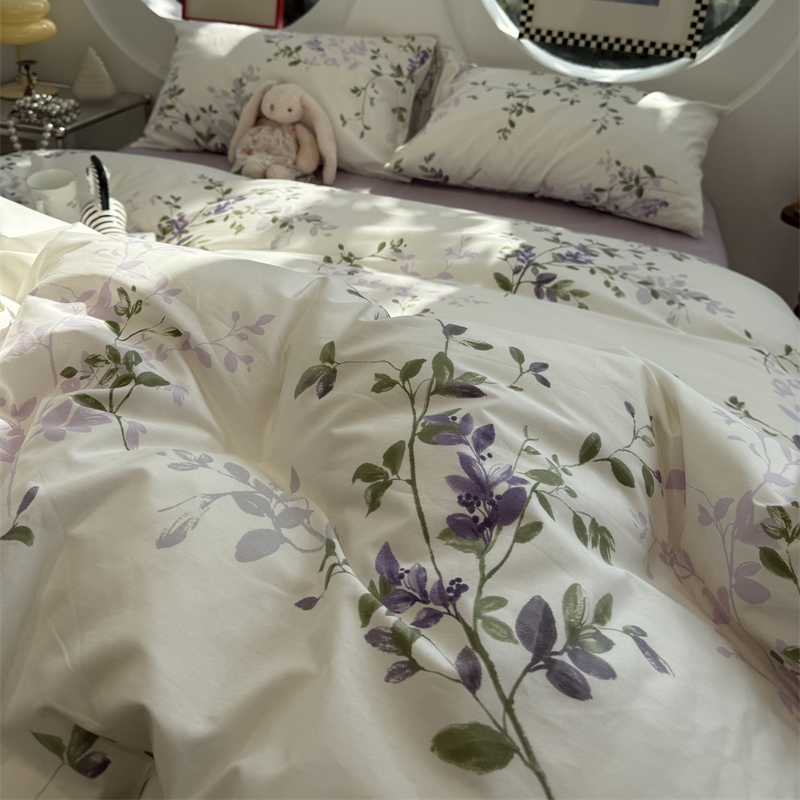 田园紫罗兰床上四件套全棉纯棉