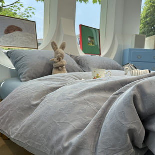 田园60s浮雕磨毛提花秋冬保暖南风天空蓝叶四件套全棉纯棉1.5m1.8