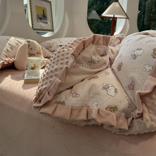 少女心粉色卡通kt猫棉加绒四件套