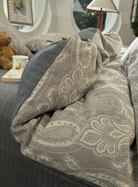 水洗棉提花灰色山谷幽兰床上四件套全棉1.5m1.8米公寓被套三件套