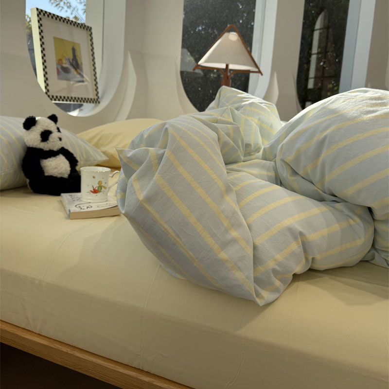 ins简约温柔蓝黄条纹床上四件套