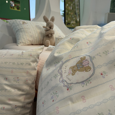 ins少女心格子碎花熊床上四件套