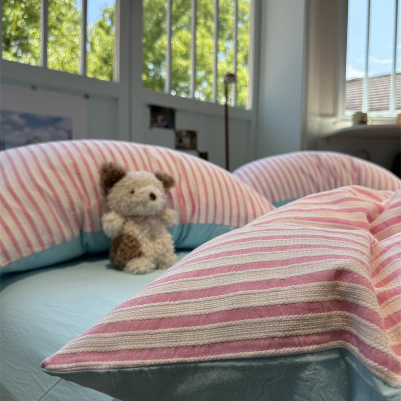 少女心水洗棉提花条纹全棉四件套