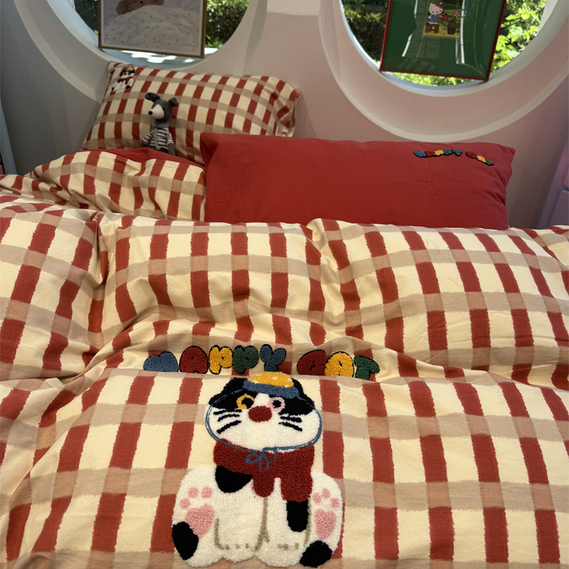 卡通毛巾绣猫咪红条纹磨毛四件套全棉纯棉被套秋冬加厚保暖1.5米