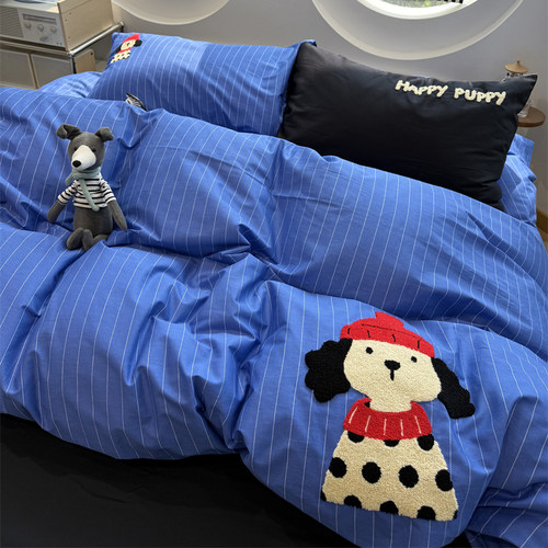 ins卡通斑点狗蓝毛巾绣四件套