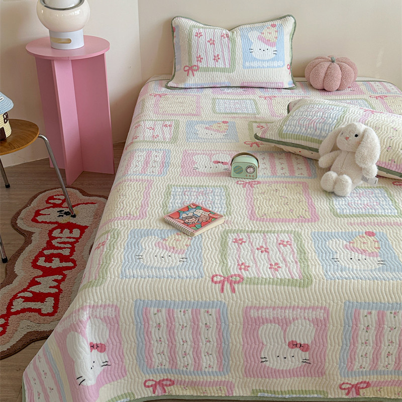 粉兔拼图牛奶绒秋冬床盖三件套