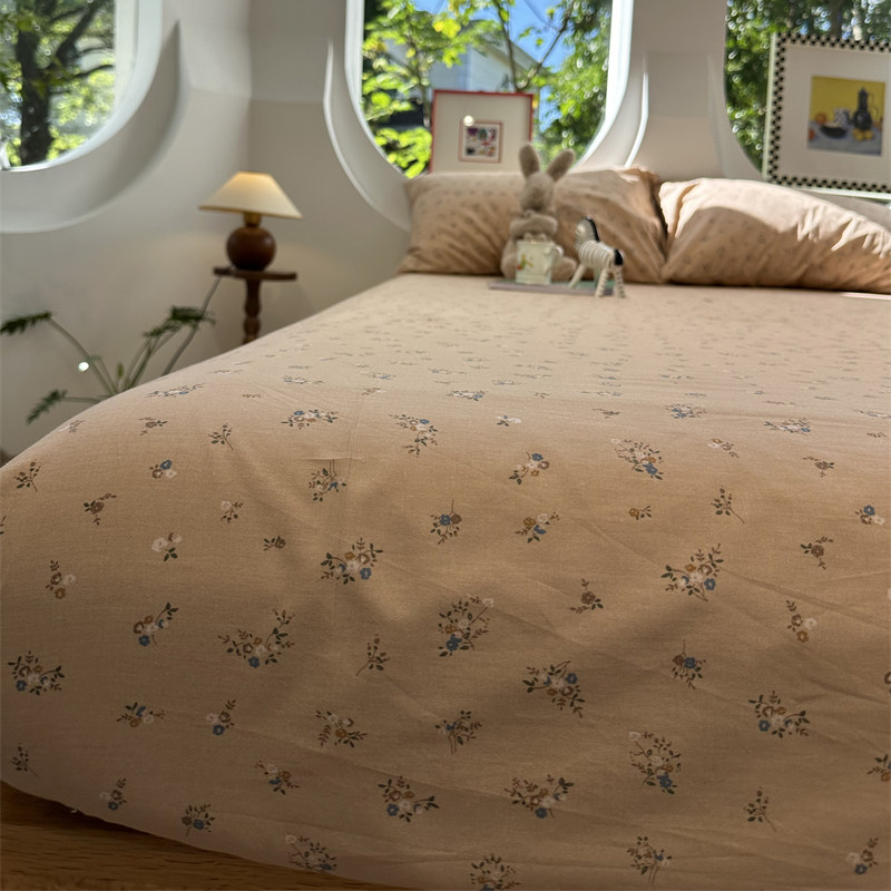 少女橘色小碎花纯棉床笠床单单件