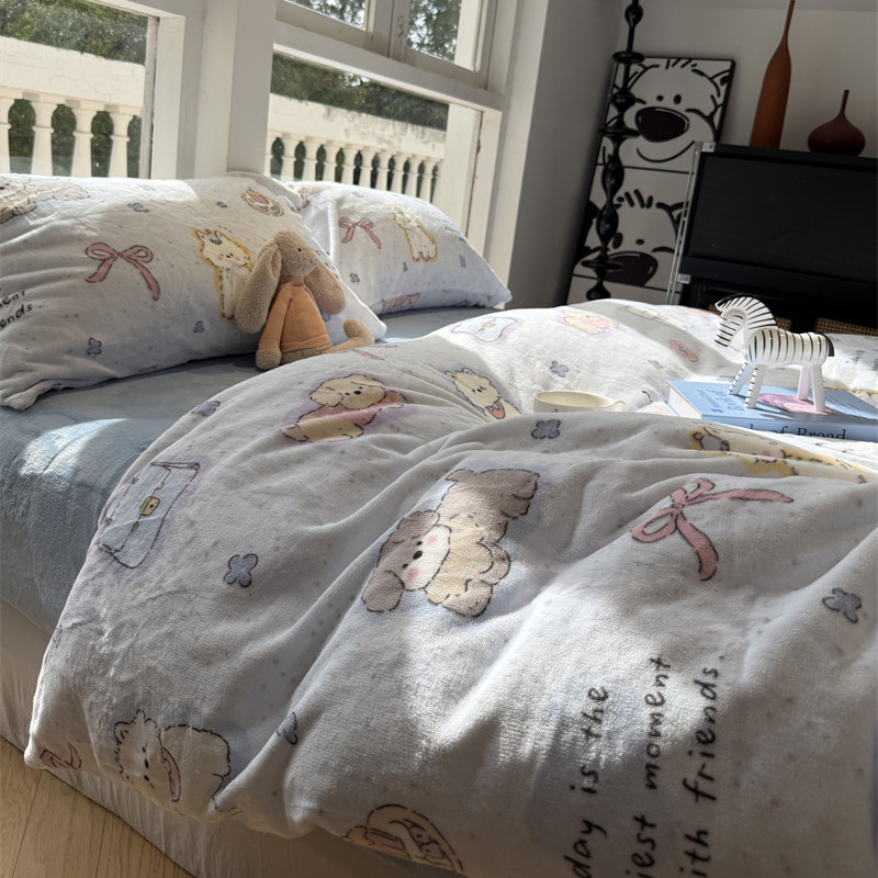 ins少女心全消光牛奶绒狗狗乐园蓝色四件套秋冬保暖加厚1.5m1.8米