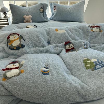 蓝色泰迪绒毛巾绣刺绣企鹅四件套