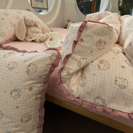 A类可爱粉色猫咪皱皱纱花边双层纱少女四件套1.8m1.5米三件套