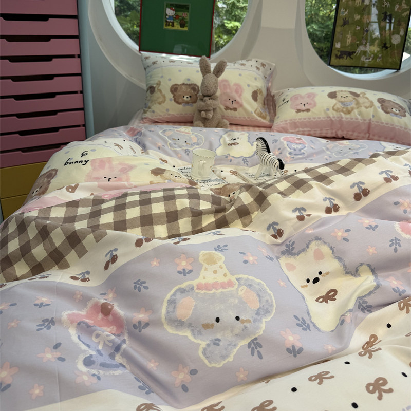 少女心卡通动物涂鸦床上四件套全棉纯棉1.5m1.8米被套床单三件套