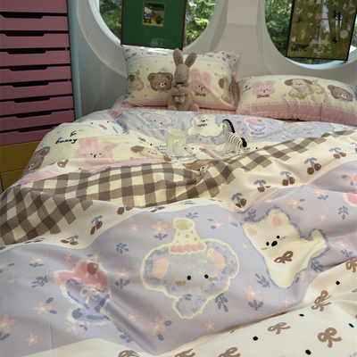 少女心卡通动物涂鸦屋床上四件套