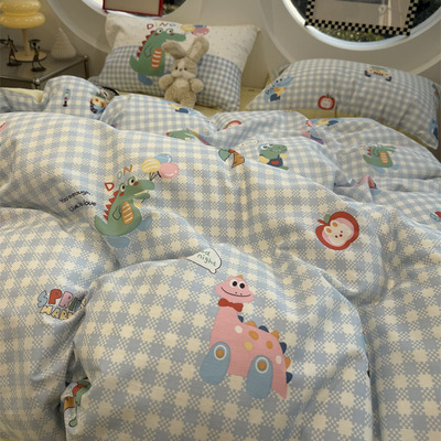 ins风卡通蓝格恐龙床上四件套